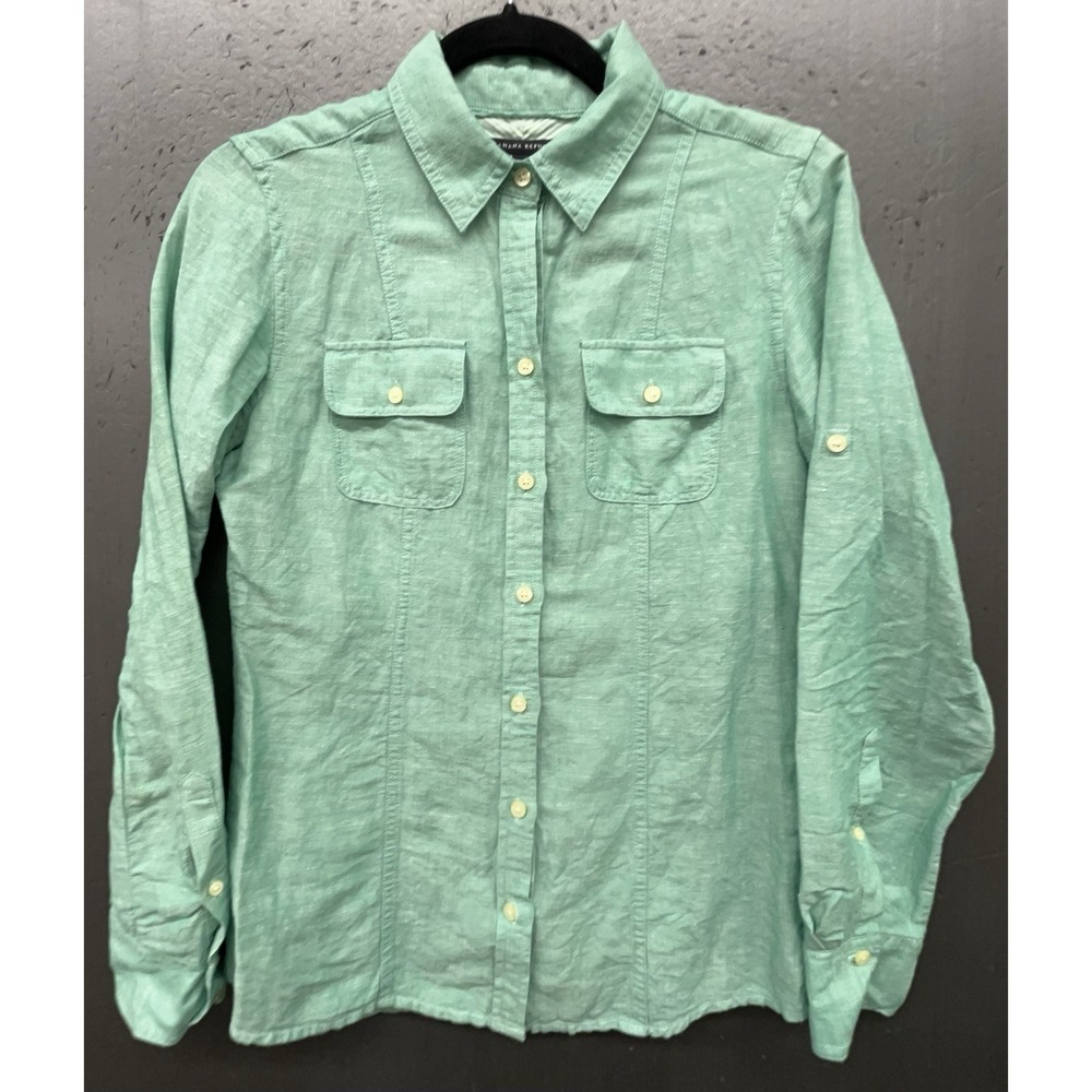 Banana Republic Button Up Shirt Women 2 Green Linen Cotton Pocket Preppy Coastal